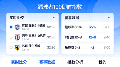 踢球者190即时指数App界面截图展示实时比分和赛事数据